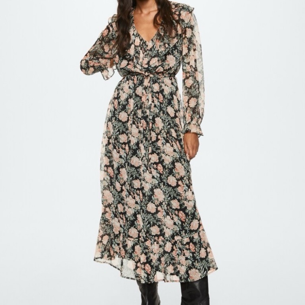 Mango Black and Pink Floral V-Neck Ruffle Long Sleeve Boho Dress Size 8